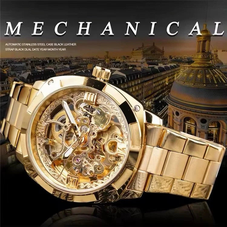 FORSINING GMT1091-5 Gold Skeleton Dial Automatic Men's Watch 41mm Bracelet