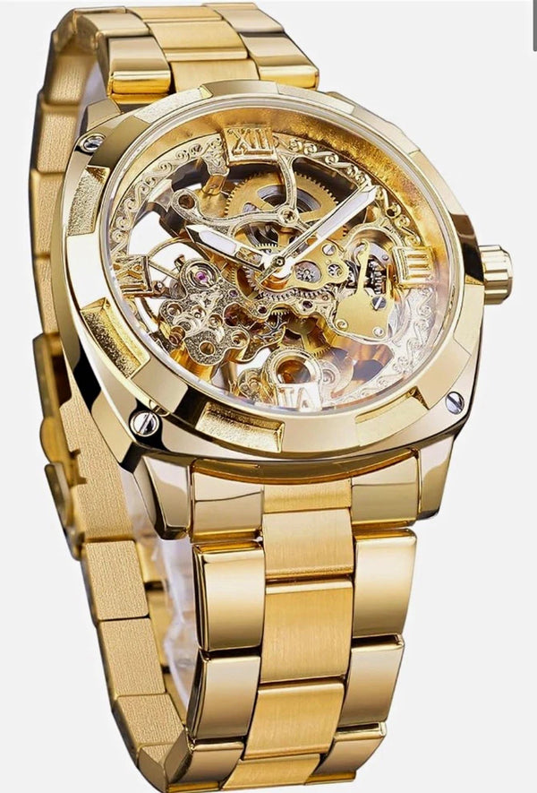 FORSINING GMT1091-5 Gold Skeleton Dial Automatic Men's Watch 41mm Bracelet