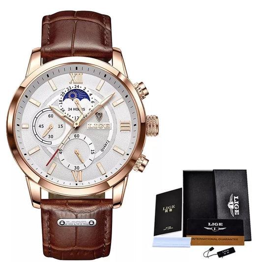 LIGE Men Watches 2022 New Fashion Leather Waterproof Luminous Top Brand Luxury Mens Quartz Wristwatch