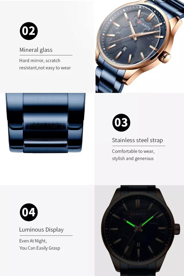 Curren 8366 Watch Men Waterproof Calendar Quartz Wrist Watch Business Alloy Case Stainless Steel Band Watch