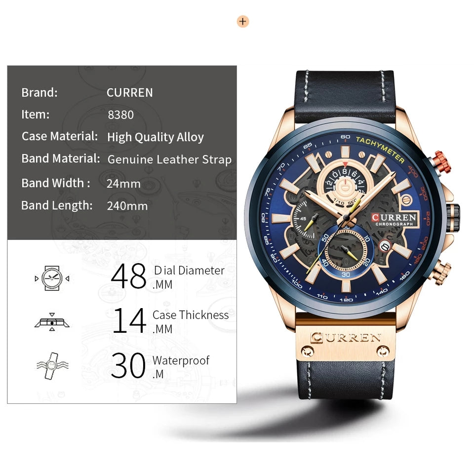 Curren 8380 New Watch Men Fashion Quartz Watches Leather Strap Sport Quartz Wristwatch Chronograph Male Creative Calendar Clock