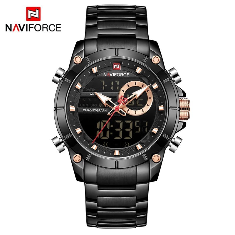 NAVIFORCE Men Military Sport Wrist Watch Gold Quartz Steel Waterproof Dual Display Male Clock Watches Relogio Masculino 9163
