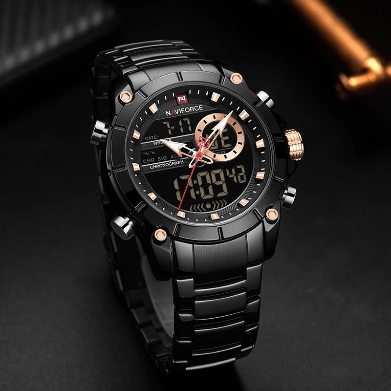 NAVIFORCE Men Military Sport Wrist Watch Gold Quartz Steel Waterproof Dual Display Male Clock Watches Relogio Masculino 9163