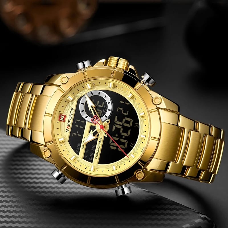 NAVIFORCE Men Military Sport Wrist Watch Gold Quartz Steel Waterproof Dual Display Male Clock Watches Relogio Masculino 9163