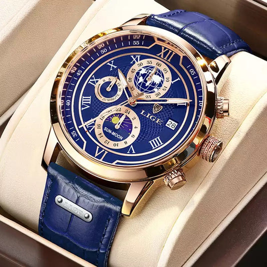 LIGE Men Watches 2022 New Fashion Leather Waterproof Luminous Wristwatch