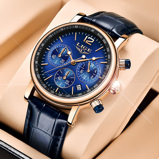LIGE Top Brand Luxury Leather Waterproof  Mens Quartz Wristwatch