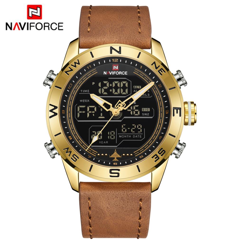 NAVIFORCE Men Watch Top Brand New Sports Male 3Bar Chronograph Waterproof Quartz Digital Clocks Military Wristwatch Brown Gold