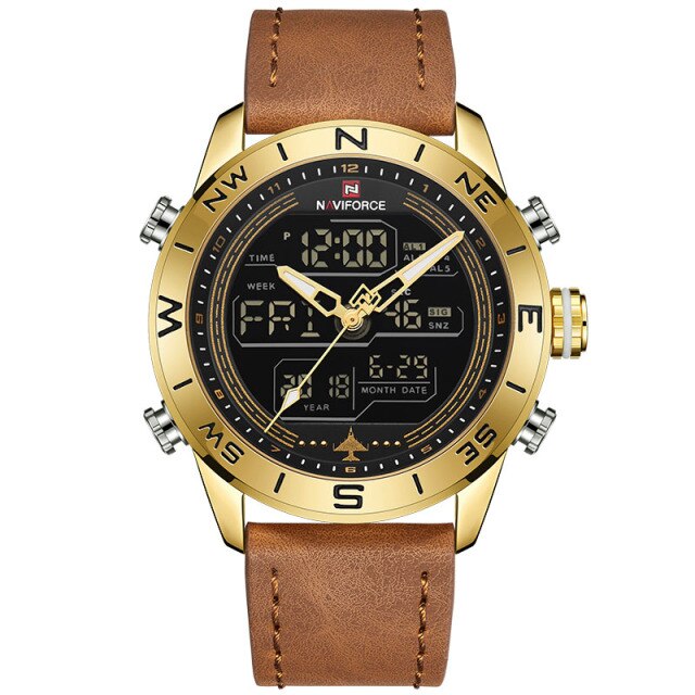 NAVIFORCE Men Watch Top Brand New Sports Male 3Bar Chronograph Waterproof Quartz Digital Clocks Military Wristwatch Brown Gold