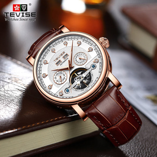 TEVISE 2021 NEW Men Mechanical Business Watch Luxury Automatic Watch Leather  Waterproof Sports  Wristwatch Perpetual calendar