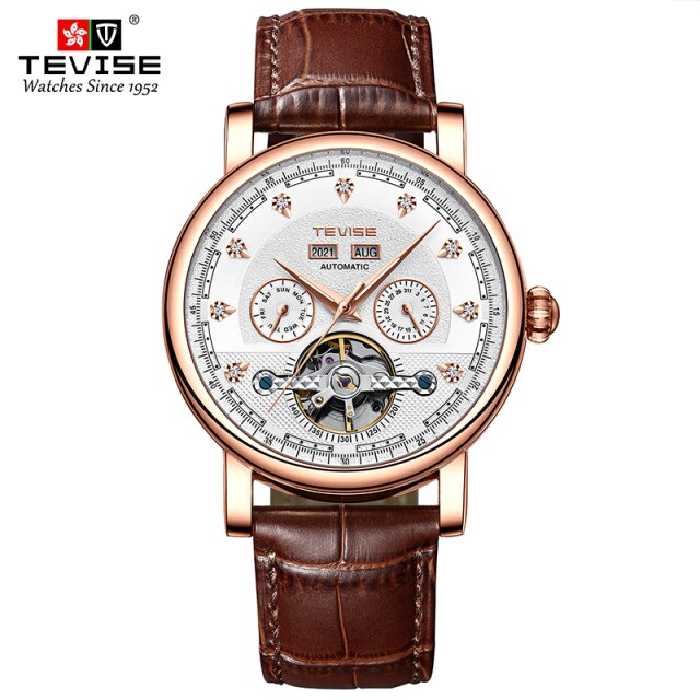 TEVISE 2021 NEW Men Mechanical Business Watch Luxury Automatic Watch Leather  Waterproof Sports  Wristwatch Perpetual calendar