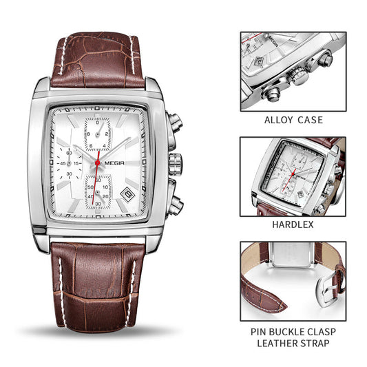 MEGIR Men Watch Top Brand Luxury Rectangle Quartz Military Watches Waterproof Luminous Leather Chronograph Wristwatch Men Clock